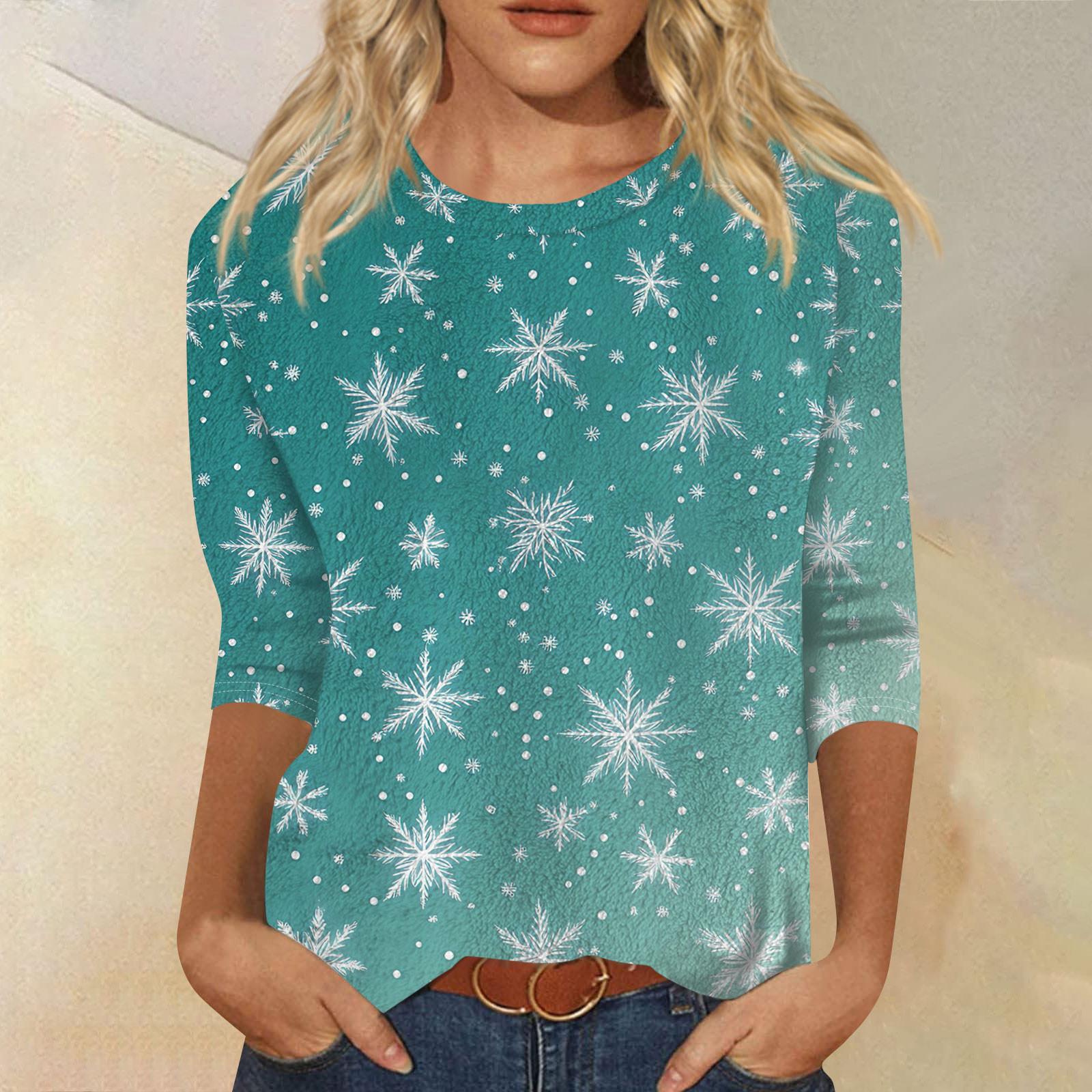 

Женская мода повседневная рубашка с круглым вырезом и рождественским принтом, семь рукавов XXL