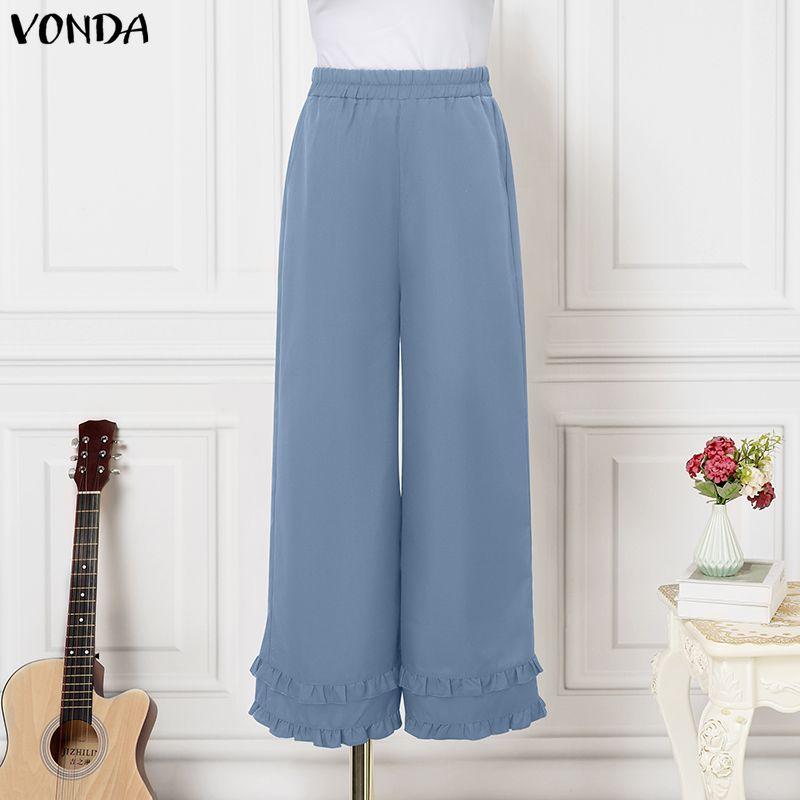 VONDA Women Casual Elastic Waist Casual Nonelastic Wide Leg Pants Ruffled Hem Trousers