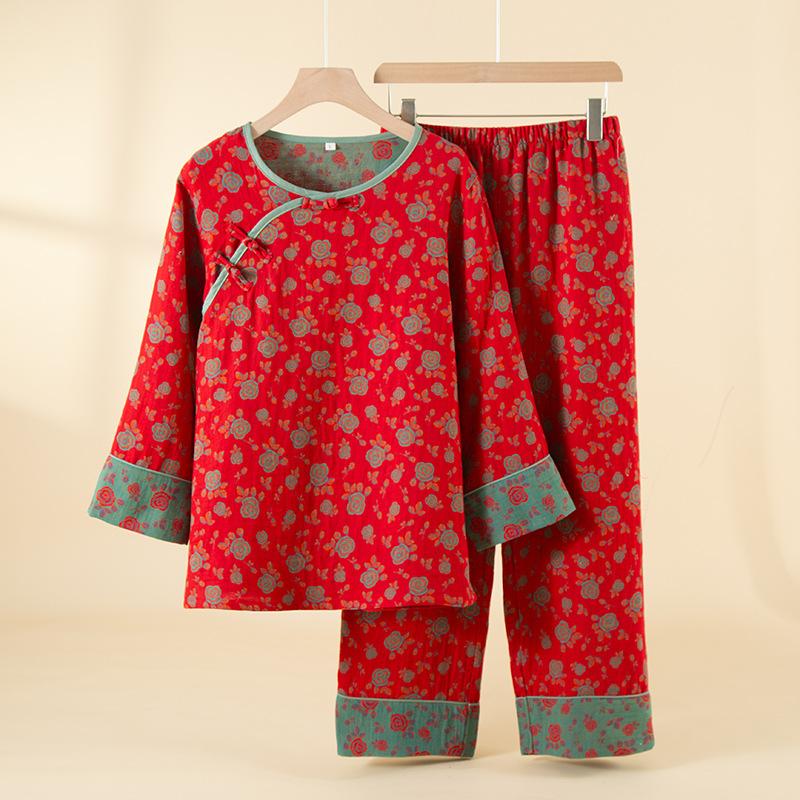 Pajamas women's autumn new Chinese-style pure cotton-colored woven jacquard double-layer gauze national style retro style loungewear set