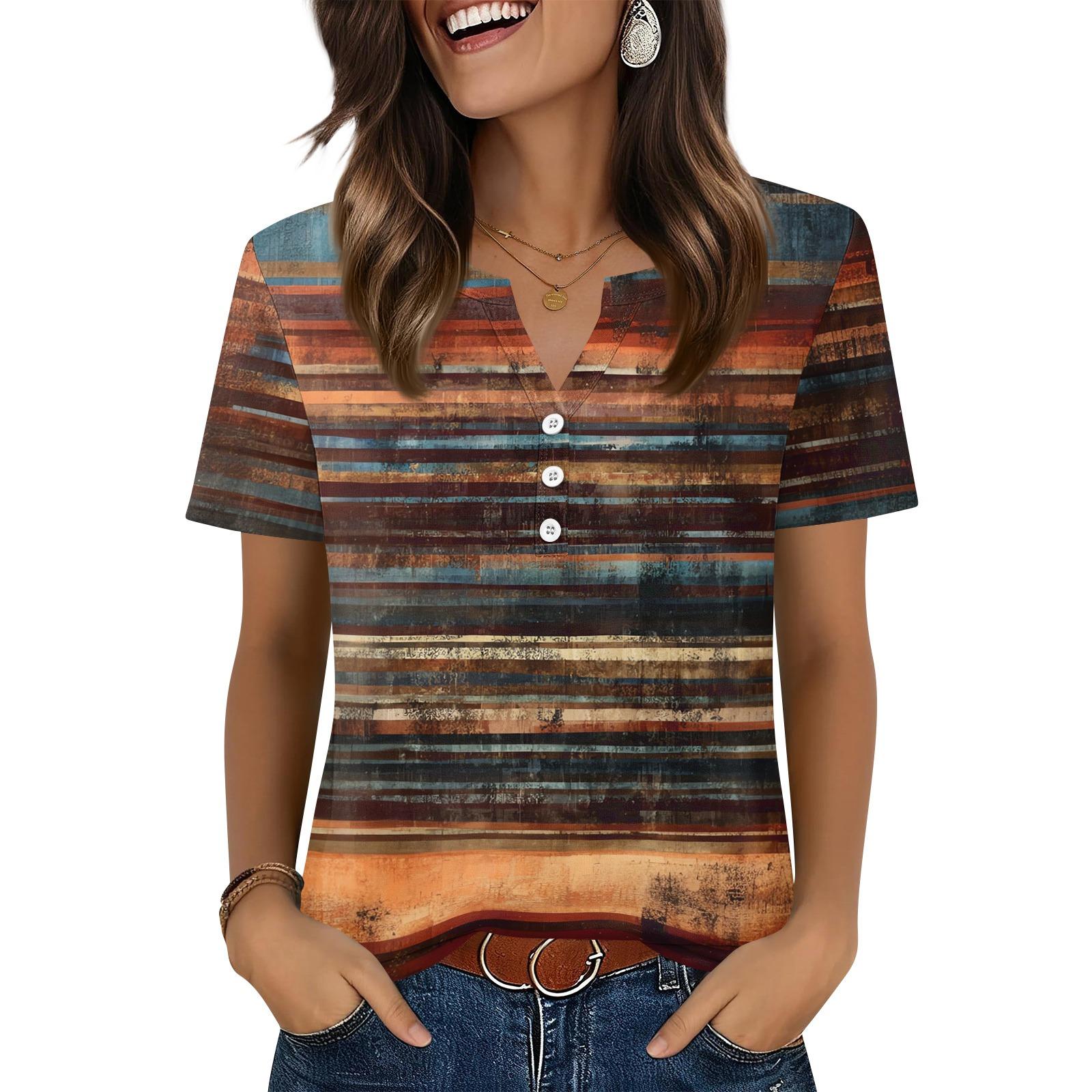 

Women s T Shirt Independence Day Print Button Short Sleeve Daily Weekend Fashion Basic V- Neck Regular Top XL винний