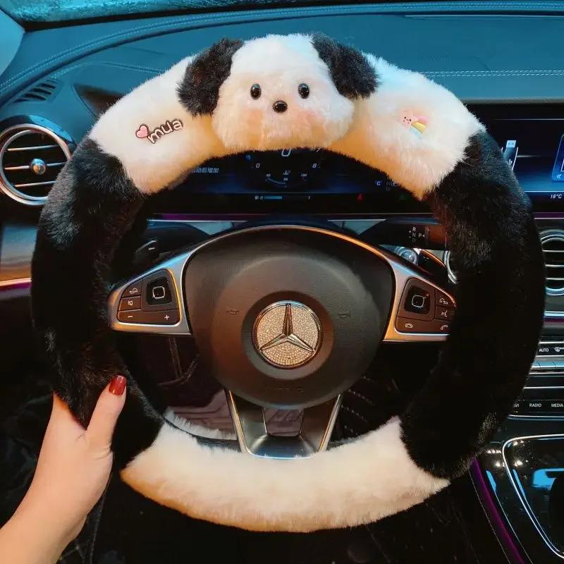 Winter Cute Pochacco Car Steering Wheel Cover Warm Plush Cartoon Anti Slip Handle Cover for Men and Women Cute Car Accessories