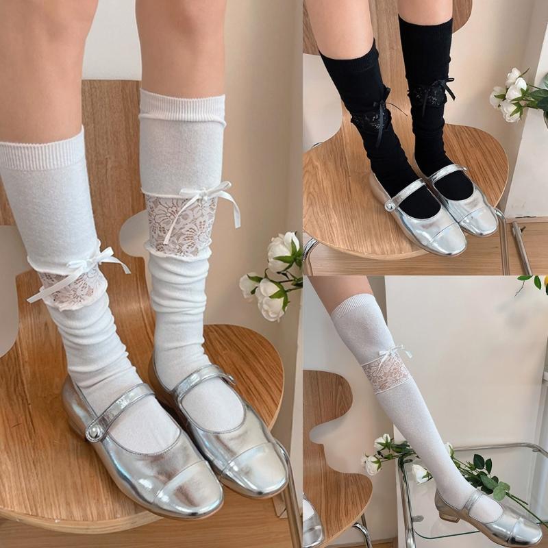Women Lace Patchwork Calf Sock Knee Length Socks Lacing Up Knee Sock Fashion Mesh Knee Stockings Sexy Mesh Calf Socks