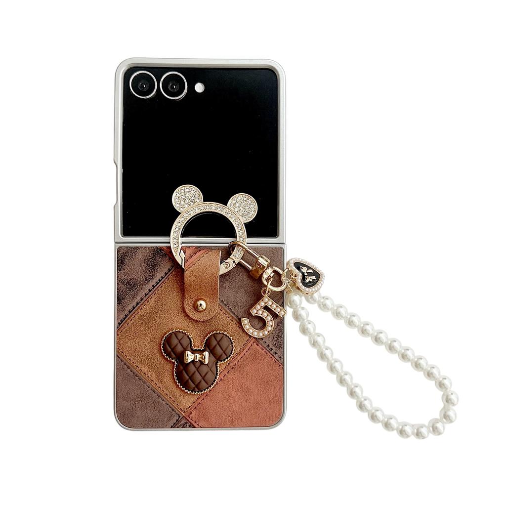 3D Silver Edged Ring Wrist Strap Retro Mouse Phone Case with Pearl Bracelet for Samsung Galaxy Z Flip 7 FE 6 5 4 3 Flip7