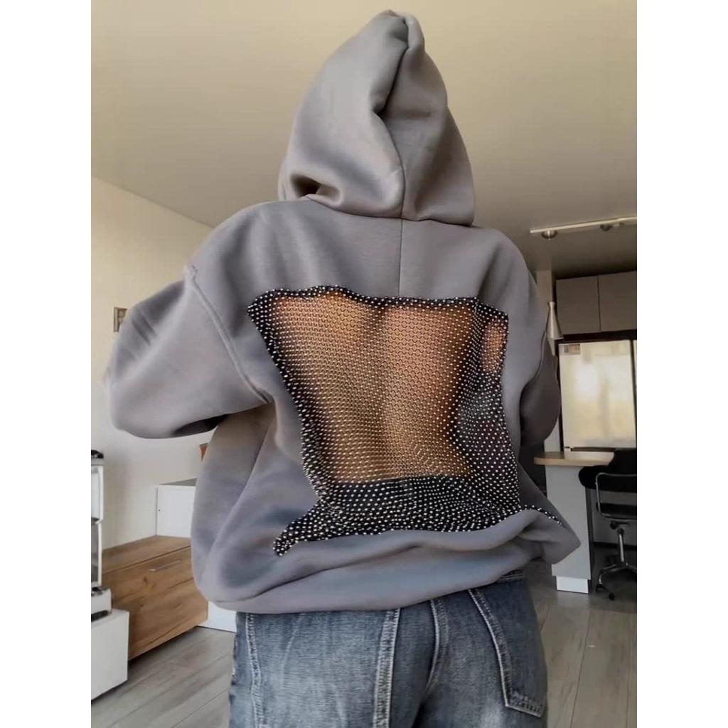 Autumn and Winter New Women's Fashion Solid Color Backless Hollow Mesh Hooded Sweatshirt Sweatshirt