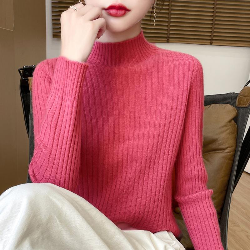 Half-high Neck Pit Stripe Sweater Women Fall and Winter Warm Inner Slim Thin Knit Sweater Bottoming Shirt