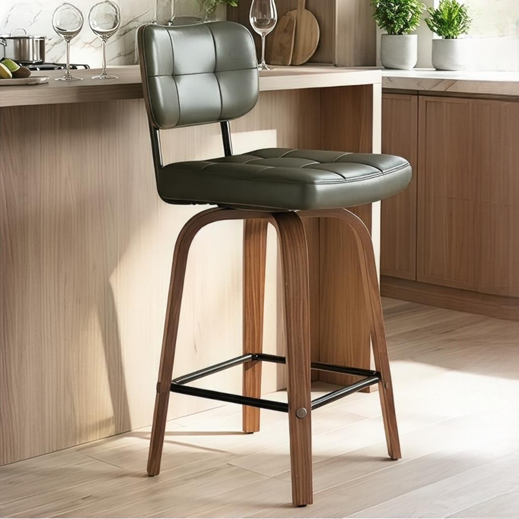 Curve Bar Stool - Swivel PU-Upholstered Stool with Curved Wood Sickle Backrest & Metal Frame, 360 degrees Swivel, Set of 2