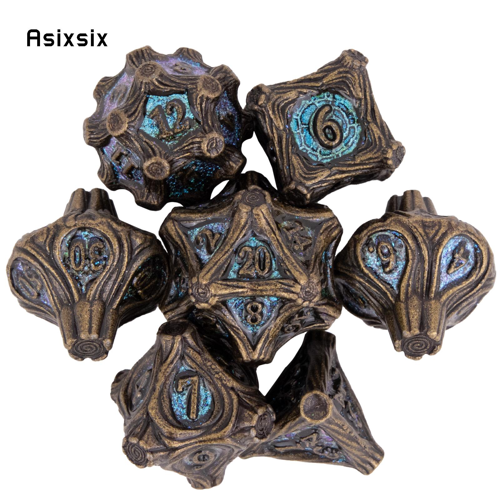 Metal Dice Perfect for Tabletop Rpgs and Card Games 7 Pcs Yellow Green Tree Root Dice Metal Polyhedral Dice Role-Playing RPG