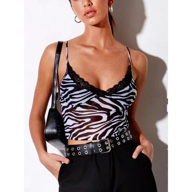 Sexy Lace V-neck Open Back Sling Tops Women's Summer Sexy Print Mesh Vest Inner Bottoming Top Tops