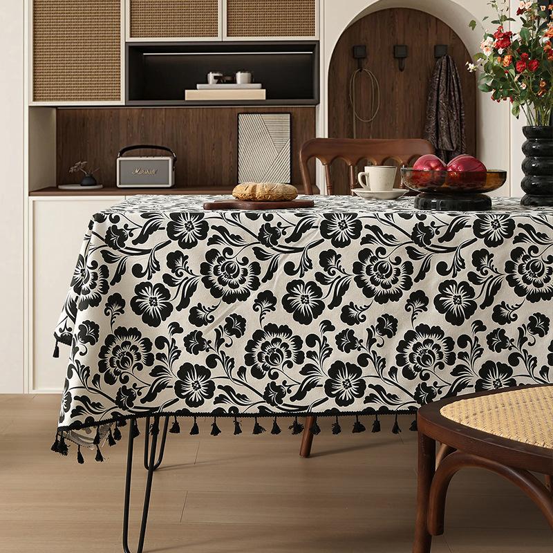 Tablecloth Retro Black Printed Tassel Tablecloth Household Coffee Table Tablecloth Dining Table Fabric