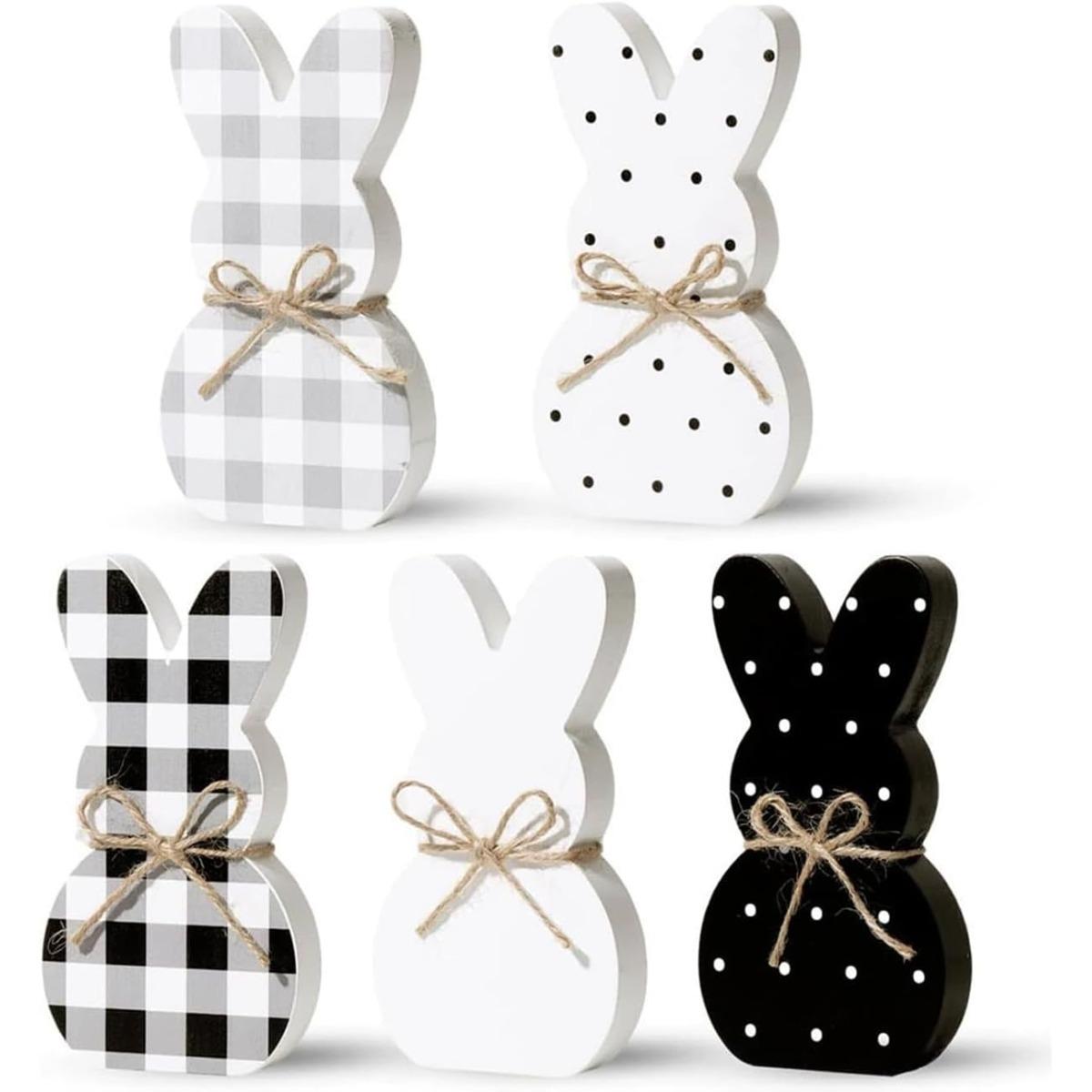 

Easter Decorations - 5 Pcs Bunny Wooden Decor Signs Desktop Centerpiece Tiered Tray Ornaments Spring Cute Rabbits for Home Farmhouse Office 5pcs