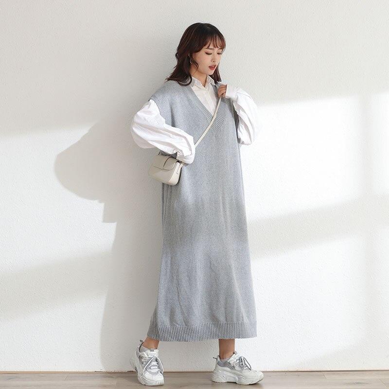 DIMANAF Dames Trui Jurk Winter Herfst Oversize Nieuw Breien Mouwloos Vest V-hals Vrouwelijk Basic Effen Losse Trui