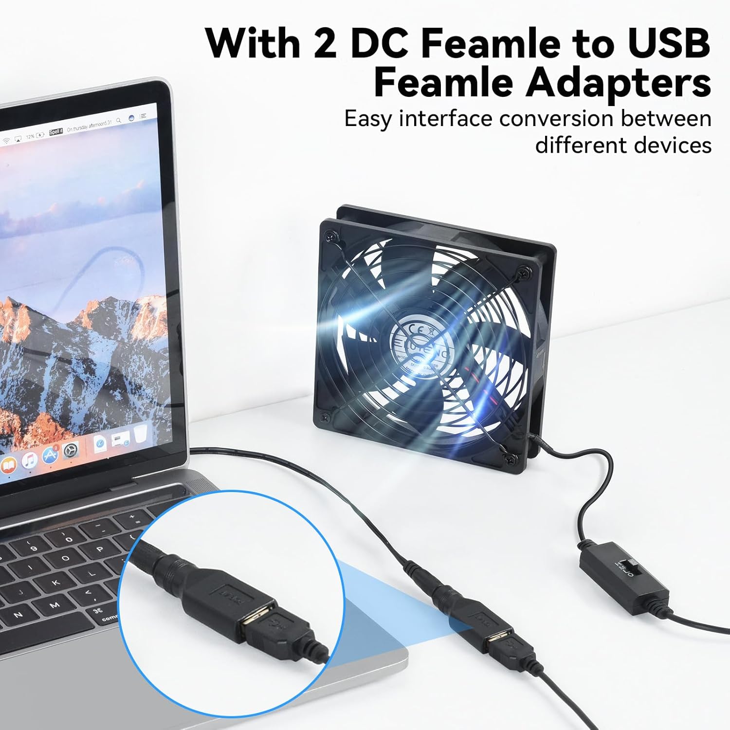 ELUTENG Computer Fan USB 120mm with DC to USB Female Adapters, 3 Adjustable Speeds PC Fans 5V Electronics Cooling Fan with Metal Grill for Laptop/TV