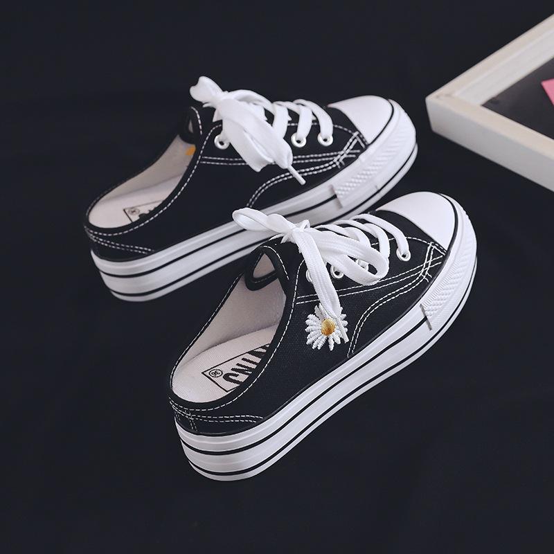 

Тапочки Fubu Small Daisy с толстой подошвой, внутренняя высота увеличивается на 5 см, без каблука, полуподнос, студенческие парусиновые туфли, кексы, женские 40 чёрный