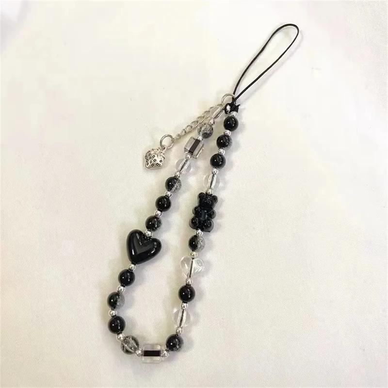 3 Pieces Korean Y2K Black Bear Heart Phone Chain For iPhone Trendy Pendant For Samsung Universal Accessories Phone Hanging Rope