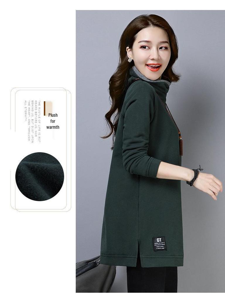 2024 Women's Korean Style High Neck Fleece Sweatshirt, Winter Thickened Mid-Length Loose Fit for Tummy Coverage