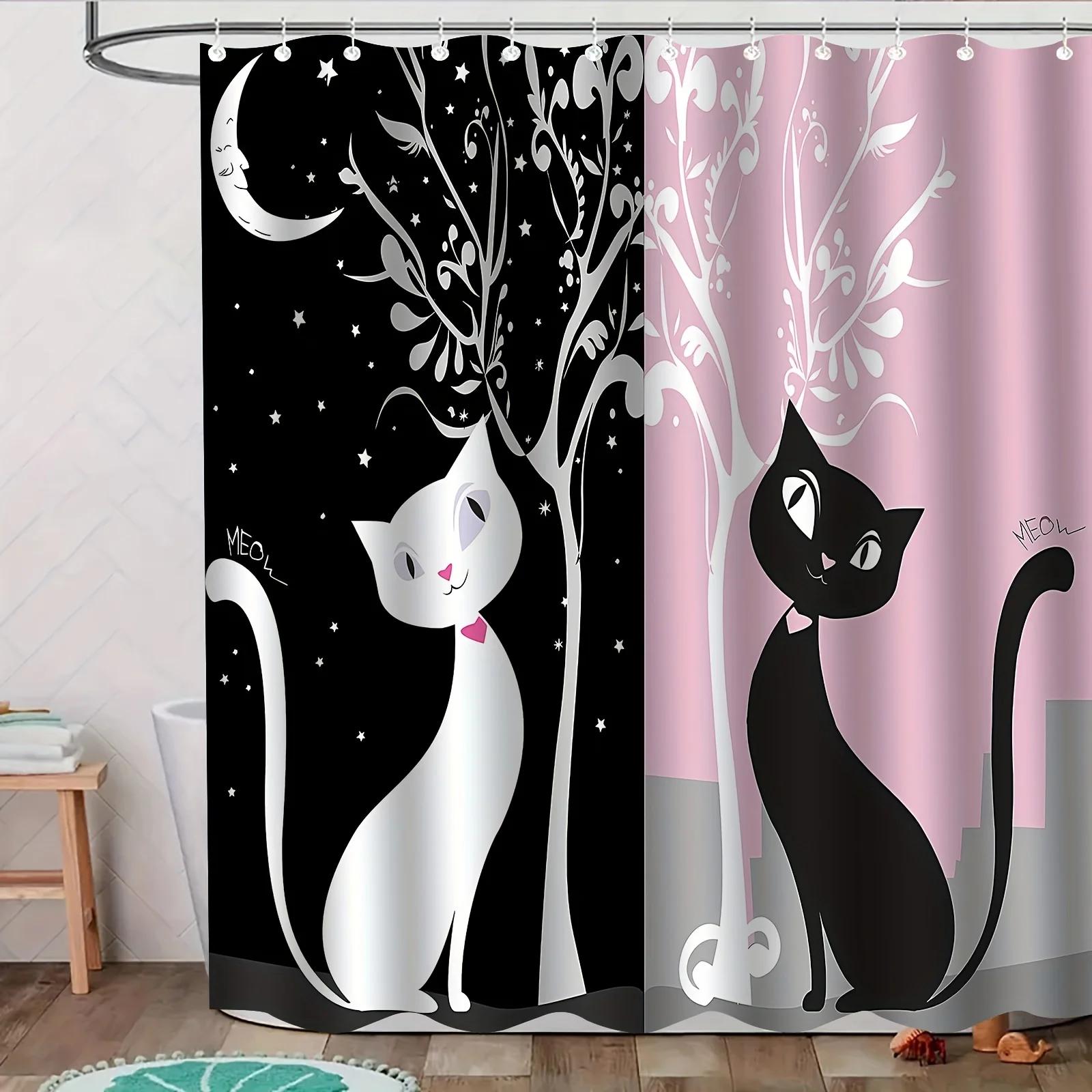 

Элегантная водонепроницаемая шторка для душа с дизайном черной и белой кошки – Идеально подходит для добавления причудливого и стильного штриха вашей ванной комнате W90xH180cm