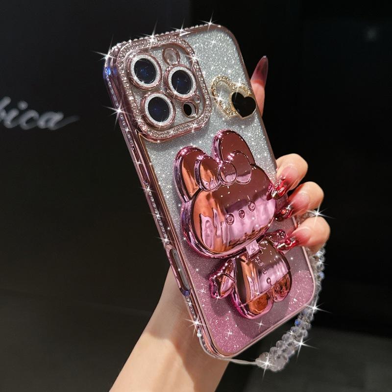 Applicable to iPhone17 mobile phone case electroplated rhinestone glitter Apple 16 rabbit mirror holder 15 crystal bracelet 14