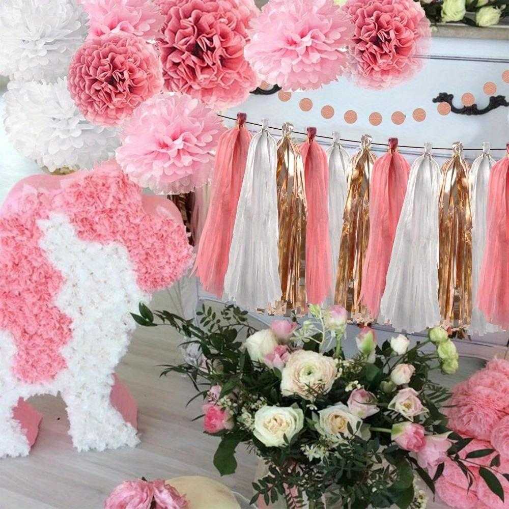 14pcs Pink Rose Gold Party Decorations Set Glittery Happy Birthday Banner Tissue Paper Pom Circle Dots & Tassel Garlands