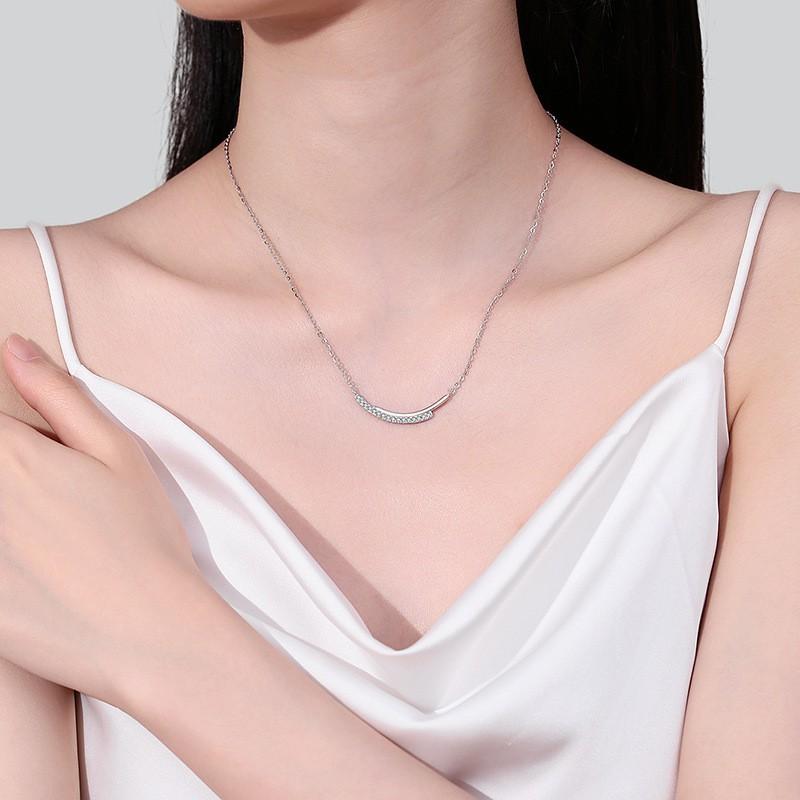 Sterling Moissanite Necklace Women Minimalist Smile Line Chain With Micro Pave Zirconia Elegant Cool-Tone Pendant