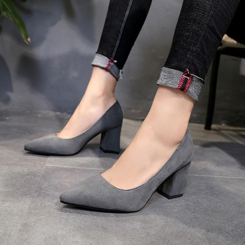 Autumn Shoes Woman Pumps Low Thick Heels Comfortable Women Work Shoes Flock Round Toe Casual Ladies Shoe Sapato Feminino WSH3183