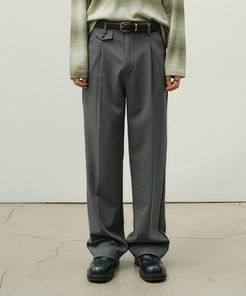 MINAV Wool Twill One-Pleat Wide Slacks [Charcoal]