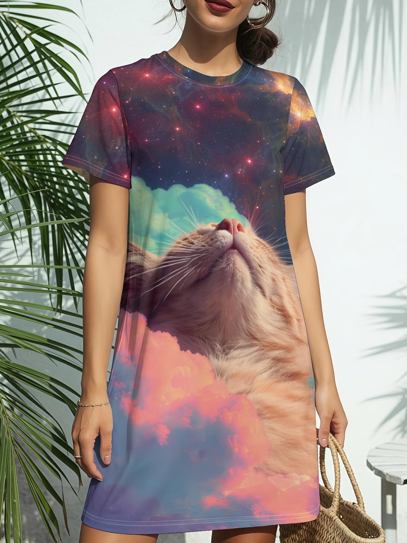 

Women s Galaxy Cat Print Short Sleeve T-Shirt Dress - Round Neck Casual Summer Dress with Short Sleeves. Regular Fit Tunic Suitable for Daily Wear. Bi 3XL дубильная кора