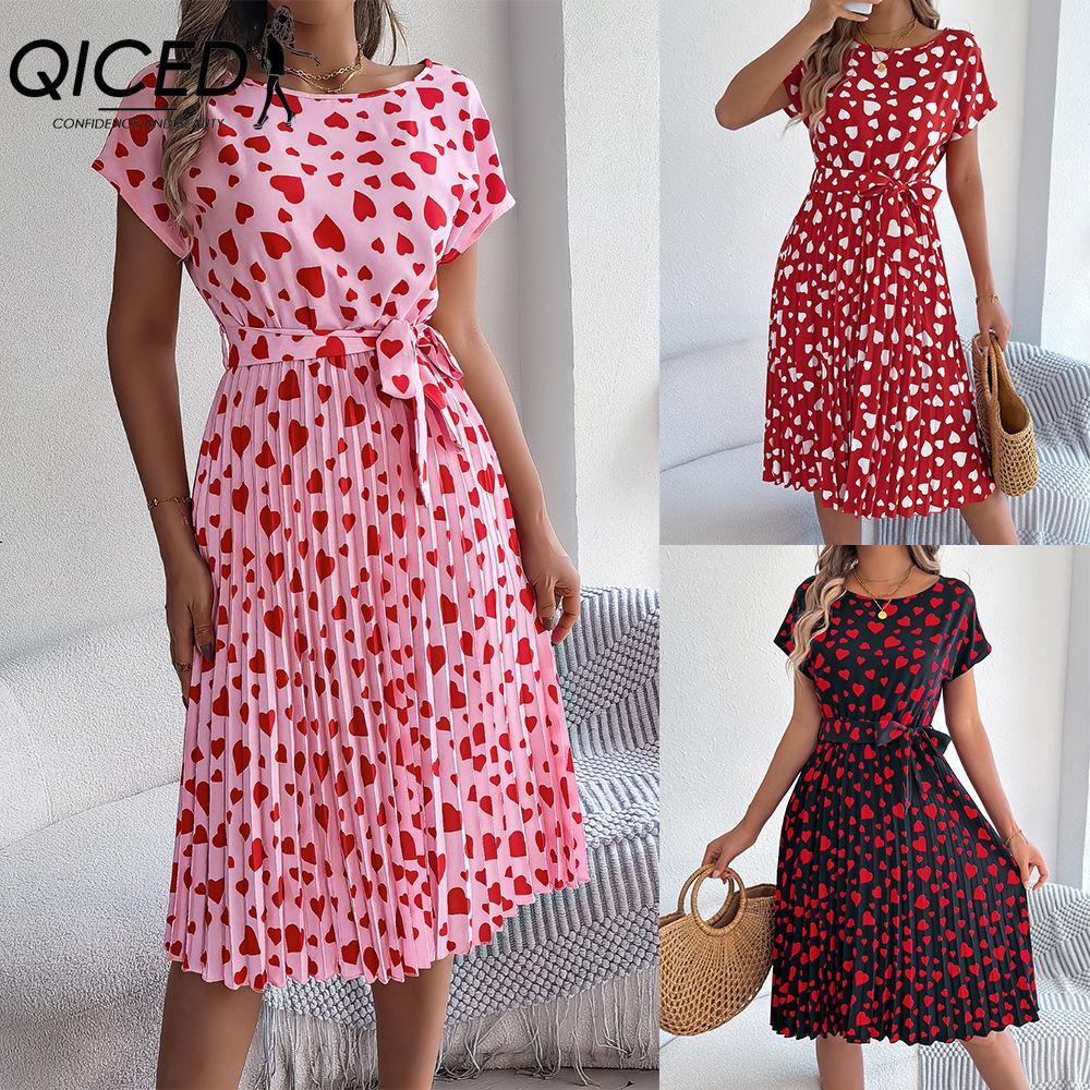 QICED Spring Summer Casual Color-blocking Heart-shaped Short-sleeved Waist-cinching Pleated Dress Women's Wear