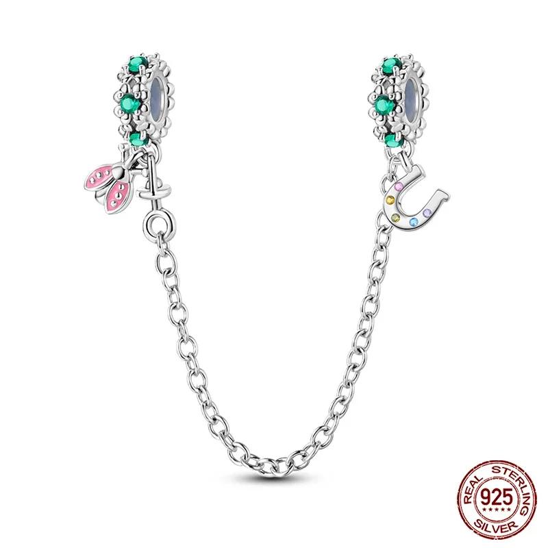 Colgantes de plata de ley S925 con forma de gato, perro, mariposa, flor y cadena de seguridad de color morado, aptos para pulseras originales DIY