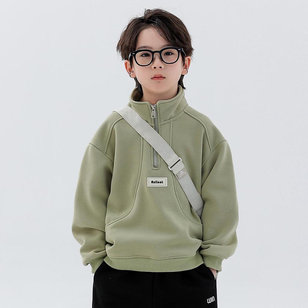 Boys' Fleece-Lined Half-Zip Sweatshirt: Trendy, Warm, Long-Sleeved Top for Autumn/Winter 2025