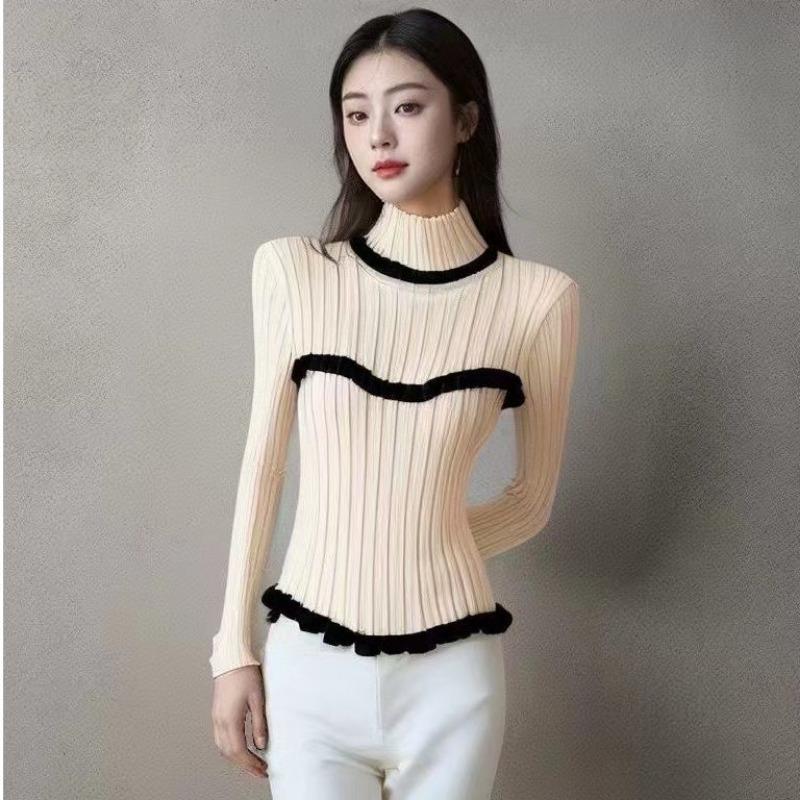 Spring Autumn Women Half High Collar Full Sleeve Ruffles Knitted Sweater Pullover Tops