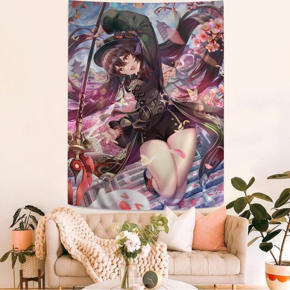 Genshin Impact Hu Tao Cartone Animato Anime Arazzo Pezzo d'Arte Creativo Ideale Teli da Appendere al Muro per Ravvivare la Stanza Decorazione per la Casa