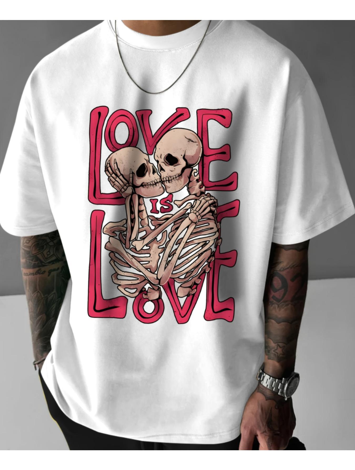 Mens Pattern TShirt White Pink Letter LOVE Print Machine Washed Breathable Fabric Fun Skull Design S