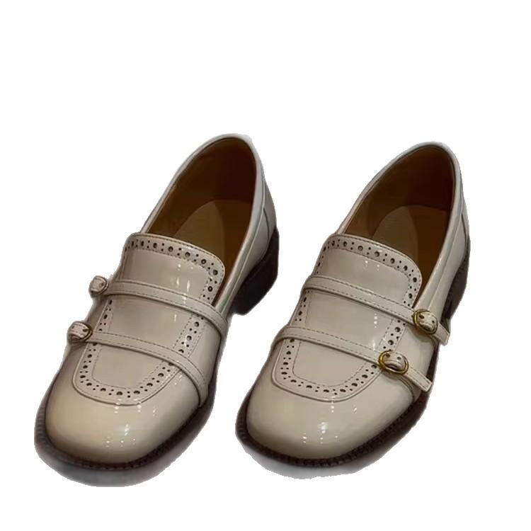 Cowhide version~ Spot engraved belt buckle low heel small leather shoes women's British style loafers one-pedal round head single shoes