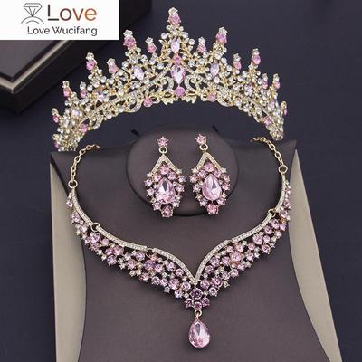 Gorgeous Pink Crystal Bridal Jewelry Sets for Women Wedding Crown Earring Tiaras Necklace Set Bride Prom Dubai Jewelry Sets