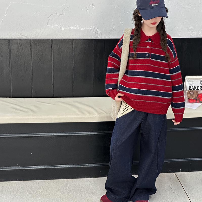 2025 Stickad polotröja med ränder för flickor - Höst/Vintermode för barn