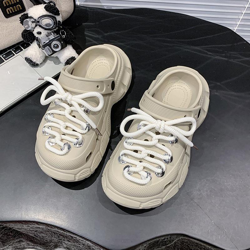 

Толстоподошвенные туфли с отверстиями для женщин для ношения летом 2025 года новые нескользящие и дышащие милые ins пляжная сумка голова половина шлепанцы для женщин 41 хаки