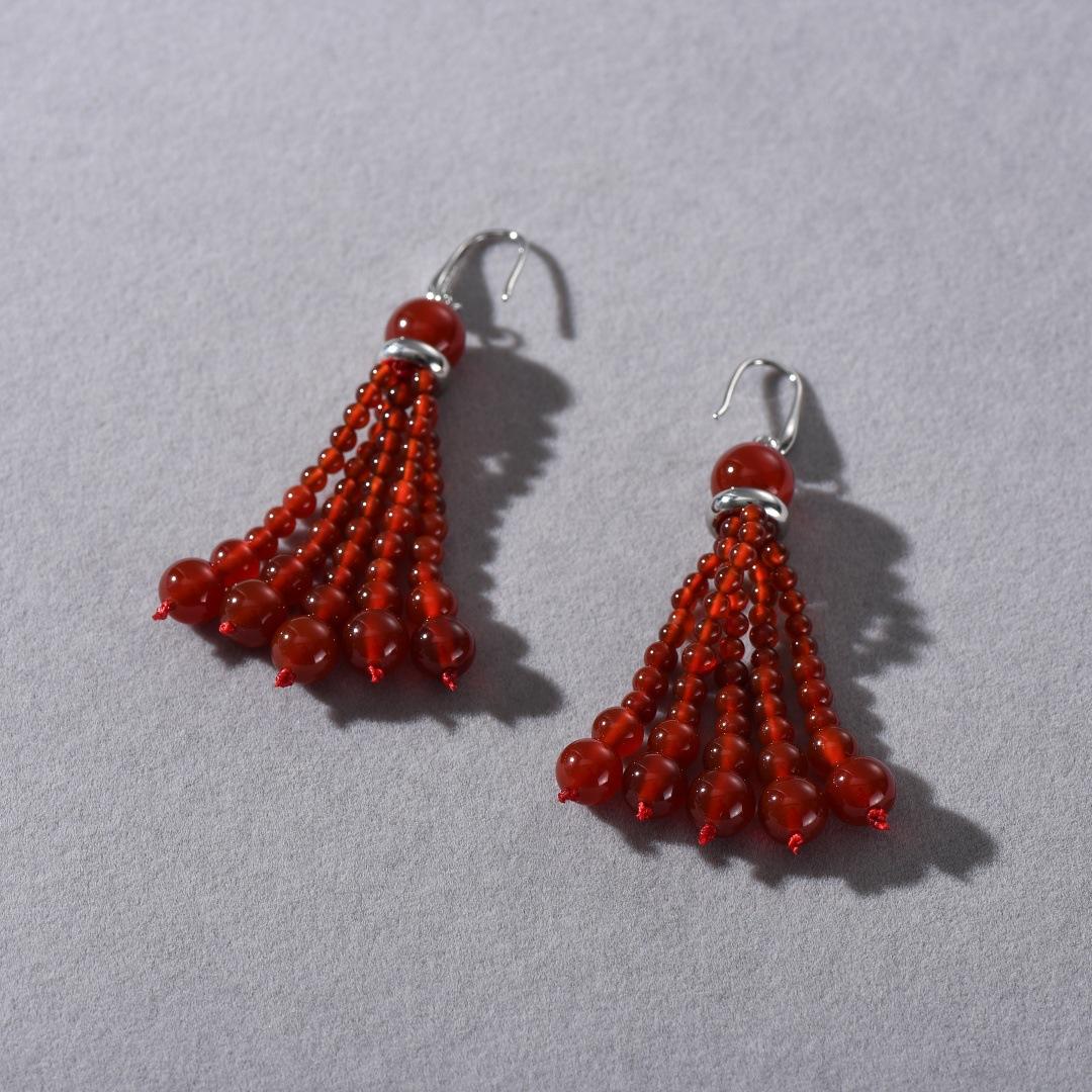 

Temperament Handmade Agate Fringed Stud Earrings Bohemian Long Holiday Style High Quality Wedding Earrings