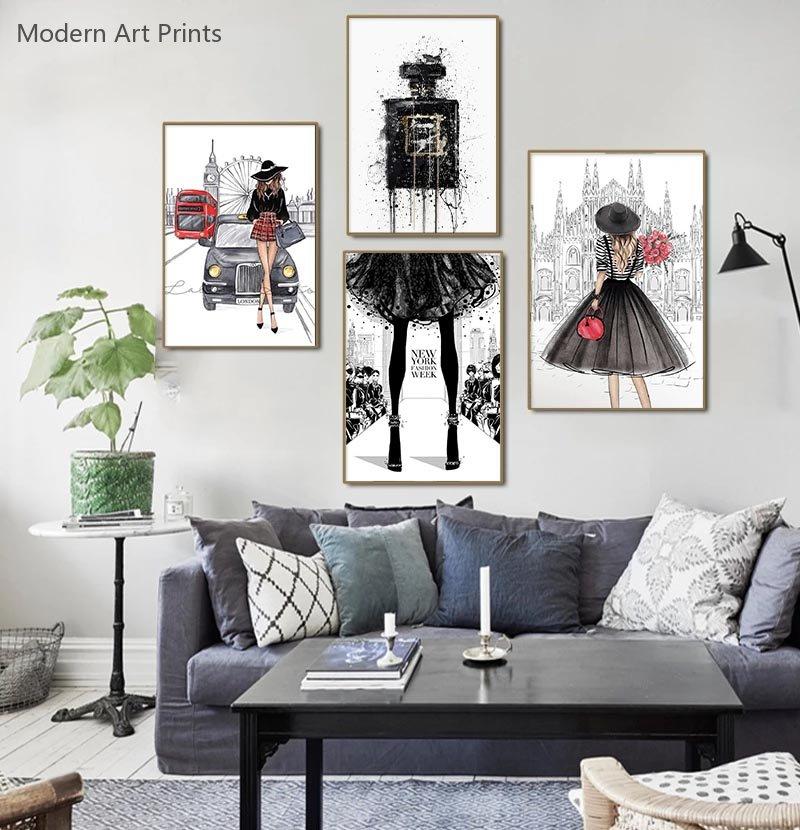 Fashion Paris Grils Canvas Poster Modern Wall Art Posters New York London Perfume Pictures Print Painting For Living Room Decor