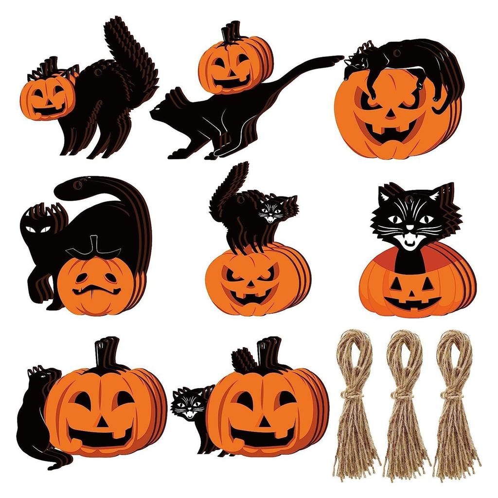 Wooden Halloween Decorations Hanging Pumpkin Black Cat Ornaments Set for Wall Party Decor Spooky Festival Home Accessories