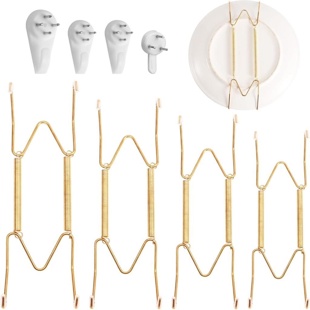 4Pcs Plate Hangers for Walls, 6/8/10/12 Inch Stainless Steel W-Shaped Gold Plate Hooks Vertical Dish Holder Display Wall Mount for Antique Arts