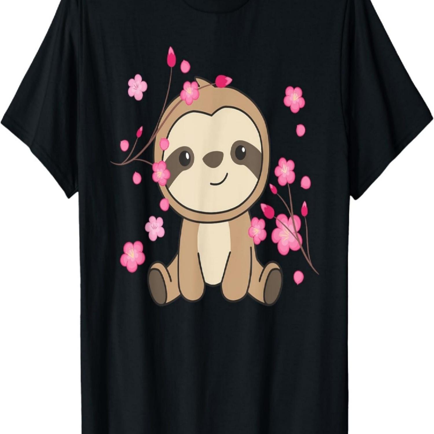 Sloth Cute Animals For Kids Kawaii Cherry Blossoms T-Shirt S
