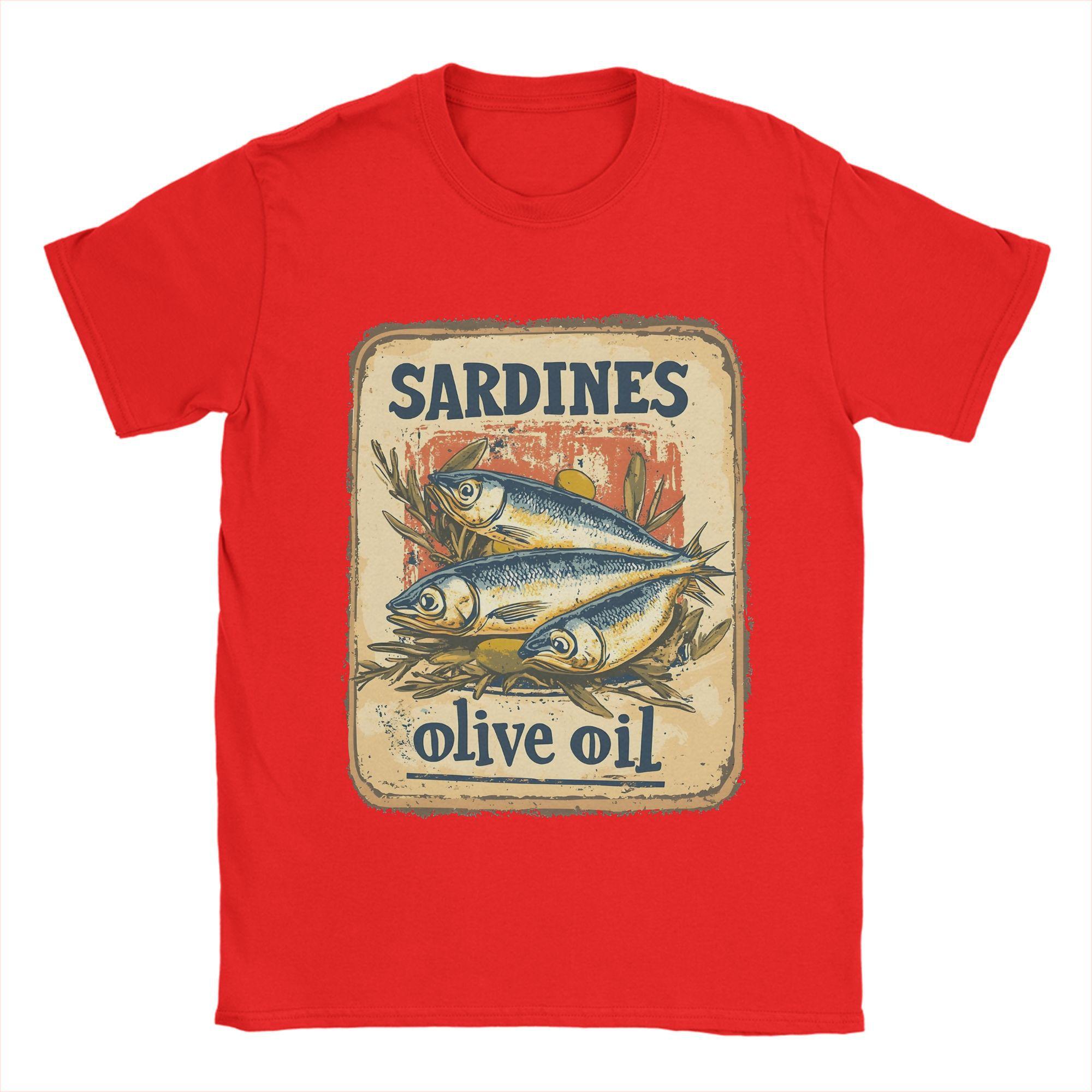 

Мужская футболка «Сардины в оливковом масле» Футболка Винтажный постер Одежда из чистого хлопка Повседневная футболка с коротким рукавом и круглым вырезом Футболка S красный