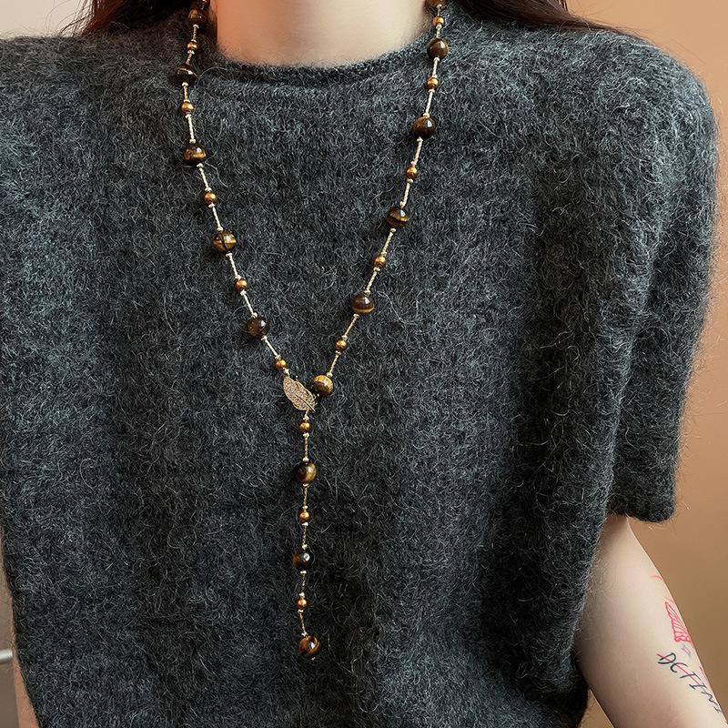 Pearl Tiger Eye Pendant Necklace - Retro Sweater Chain with Simple, Elegant Design for Women