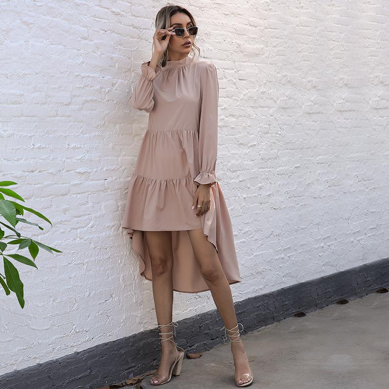 Spring Autumn Fashion Loose Black Irregular Maxi Dress for Women Half Turtleneck Bodycon Dress Long Sleeve Party Wedding Dresses S