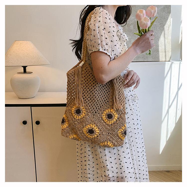 Summer new sunflower knitted tote bag seaside beach bag large capacity cotton thread woven bag