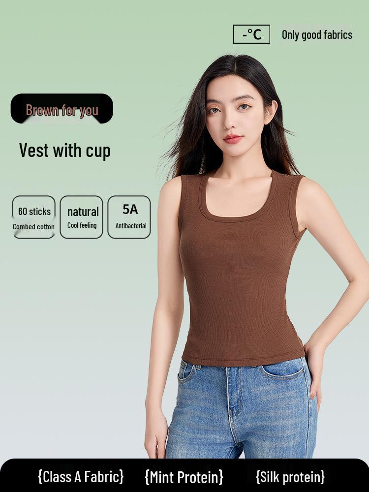 Women's Cooling Wide-Shoulder Tank Top with Chest Pad, Antibacterial Tencel Cotton, Summer Innerwear