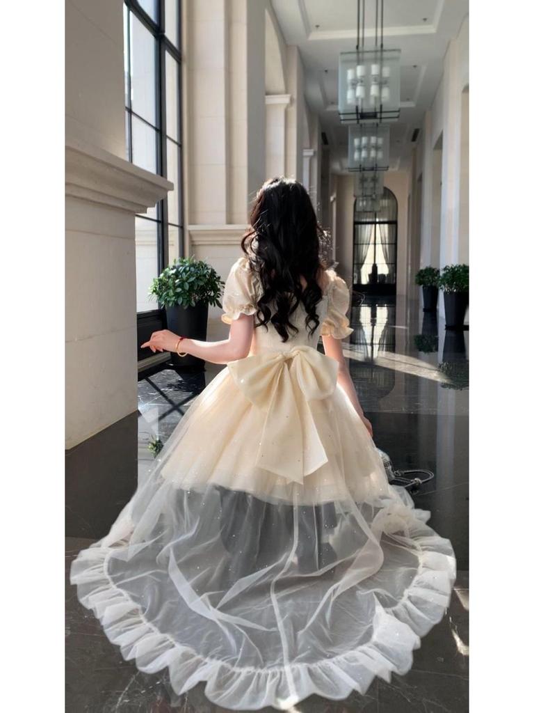 Blovelan Princess Dress - Half Cup Love Words, Big Bow, Sparkle Jacquard, Fluffy Train, Birthday Outfit