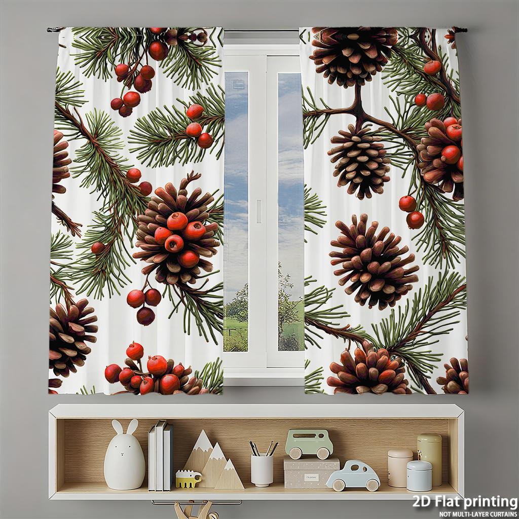 Piece Set High Definition Digital Printed Curtainschristmas Pinecones Redberries Greenbranches Nature Style Seamless Patter Curtains Made Of Polyester