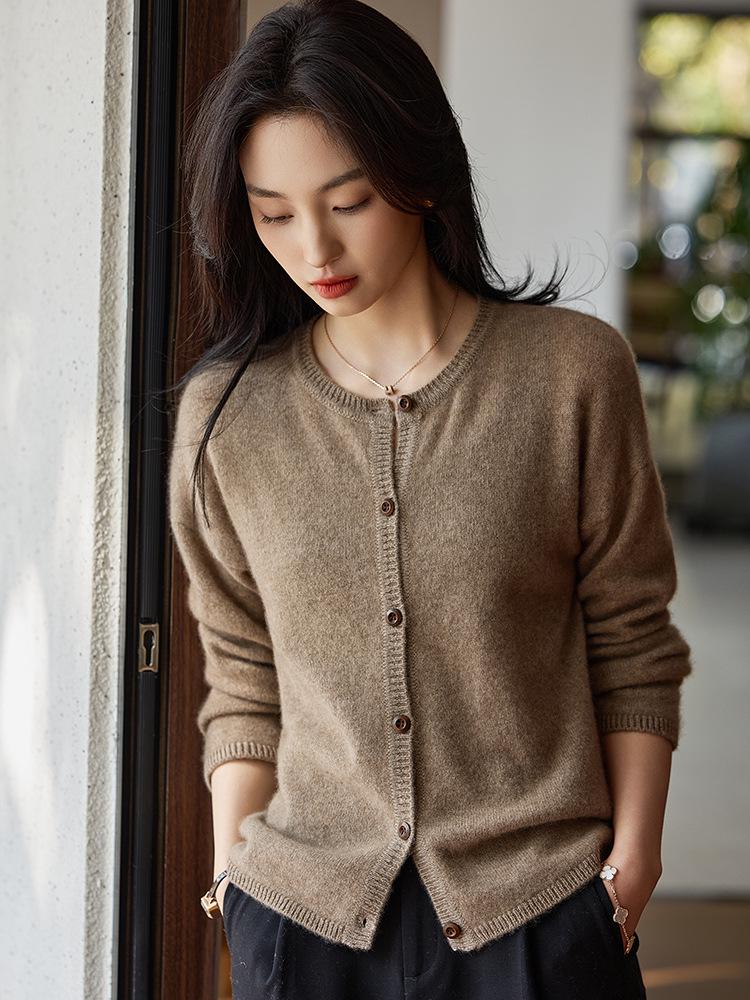 Women's Wool Cashmere Cardigan: Solid Color, Round Neck, Stylish, Long Sleeve, Loose Fit Sweater Jacket