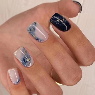 24pcs Square French False Nails Short Dark Blue Gradient Waves Fake Nails Full Cover Fake Nails Detachable Press On Nail Tips